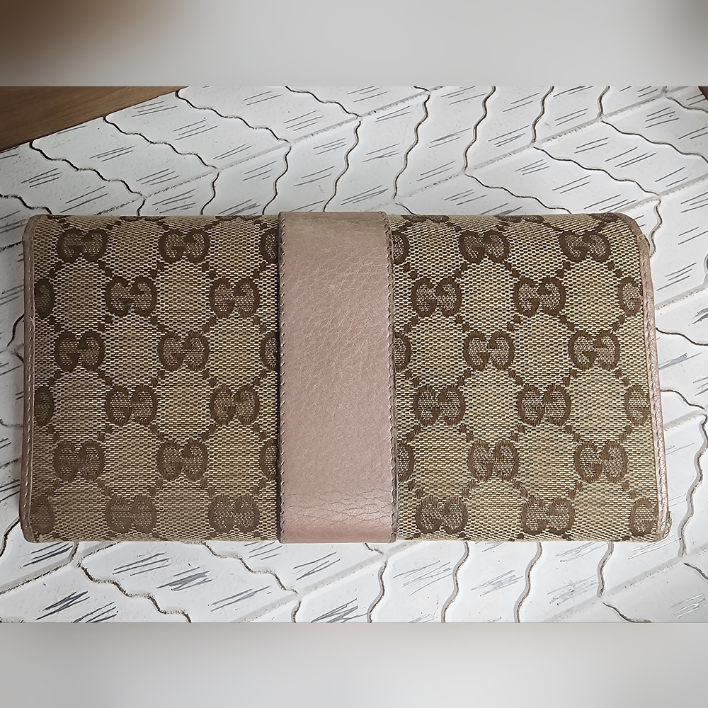 Gucci Long Wallet Signature Canvas With Pink Champagne Leather Trim - Picture 2 of 11